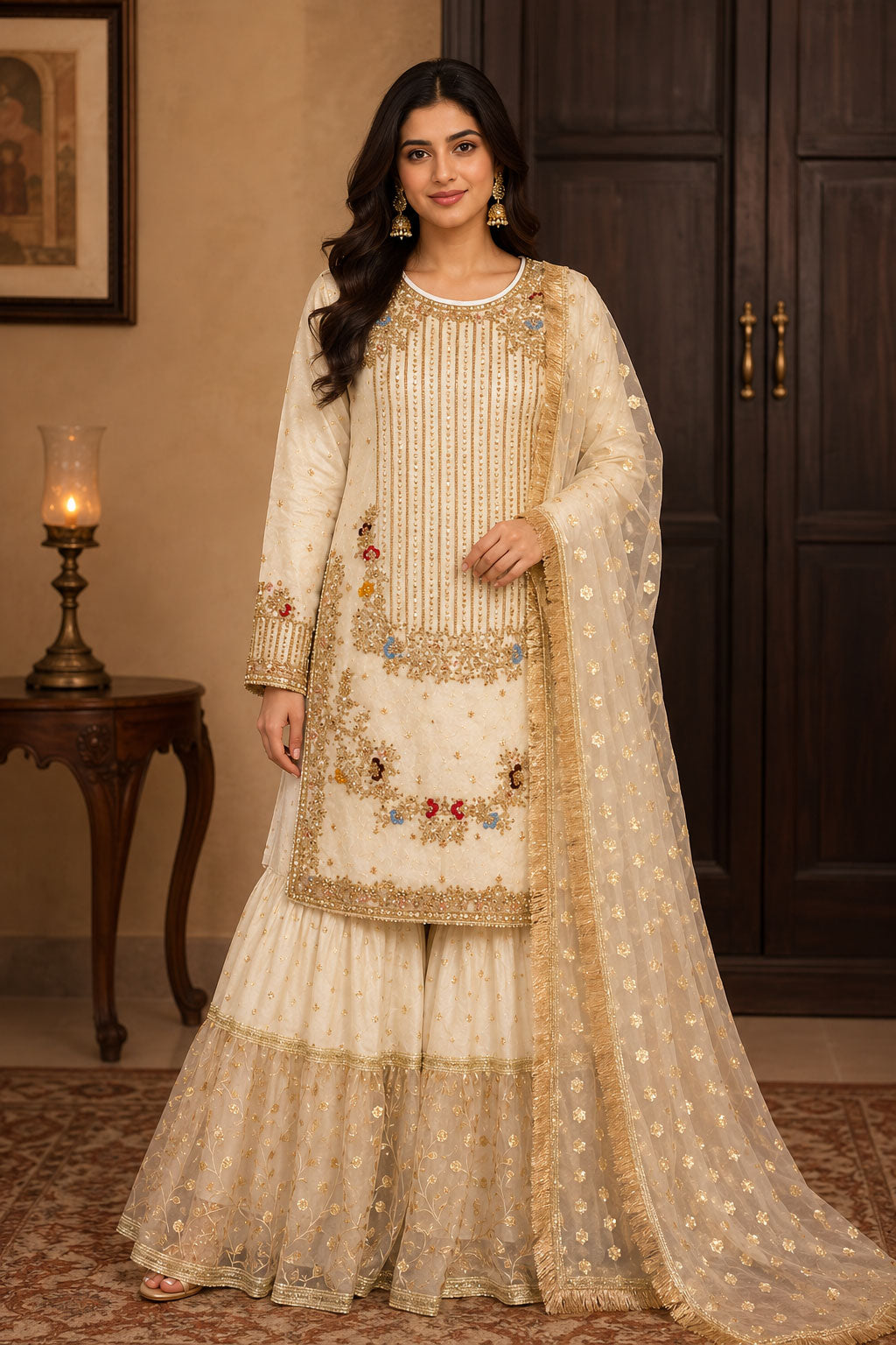 Ivory Gold Sequin Embroidered 3-Piece Sharara Suit