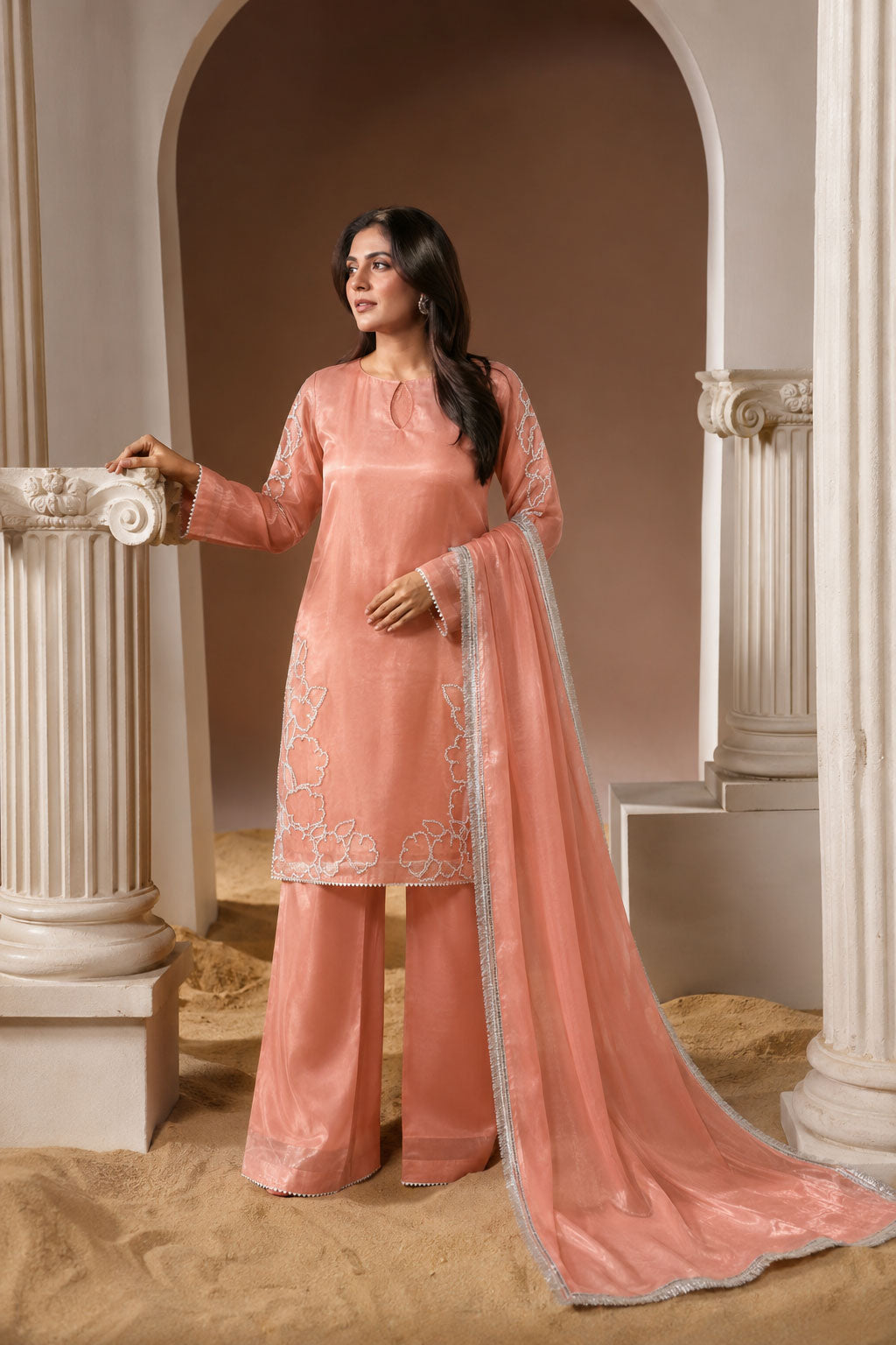 Peach Blossom Cutwork Silk 3-Piece Suit
