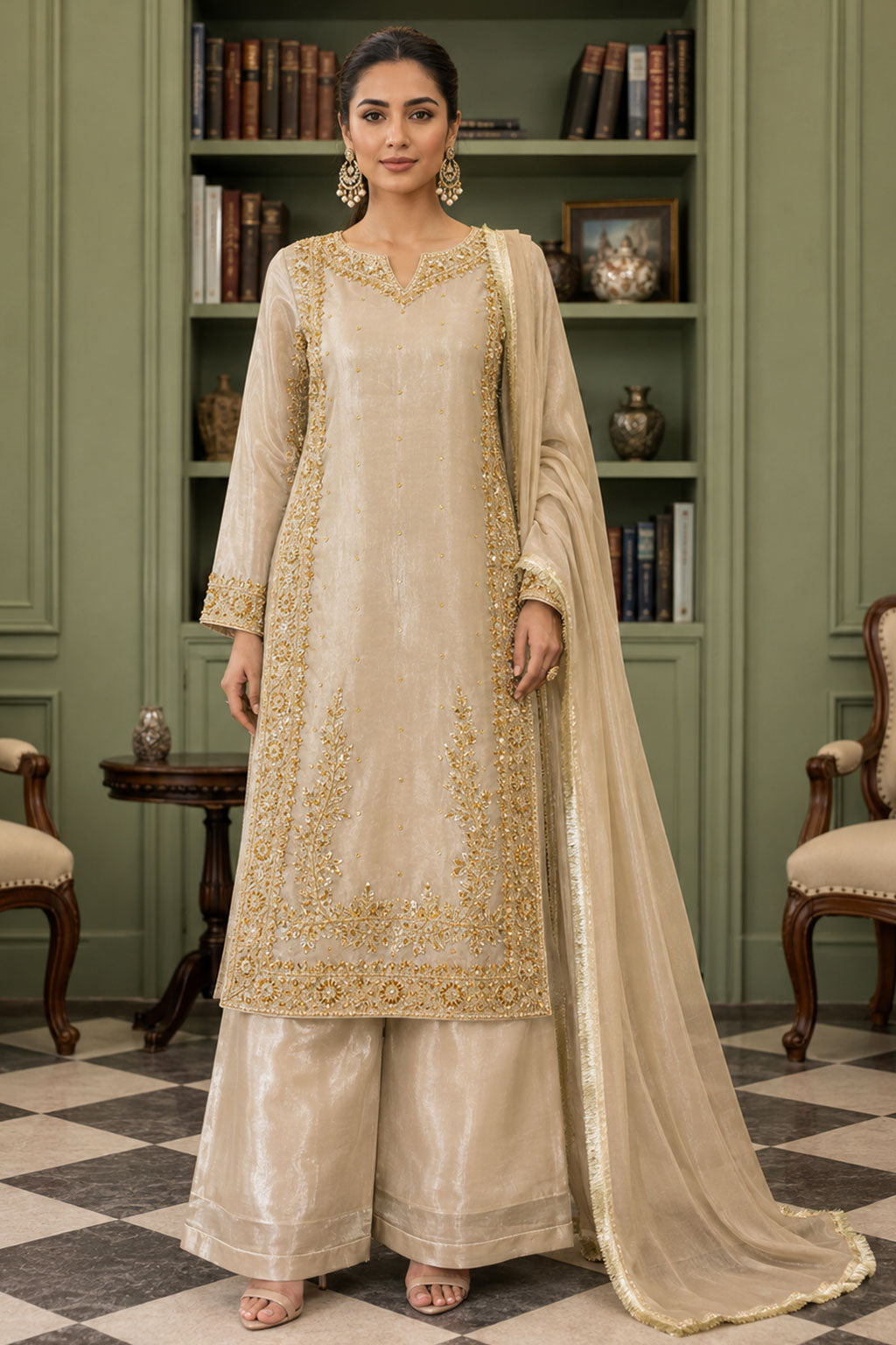 Champagne Gold Zardozi Silk 3-Piece Suit
