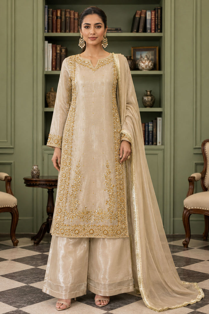 Champagne Gold Zardozi Silk 3-Piece Suit