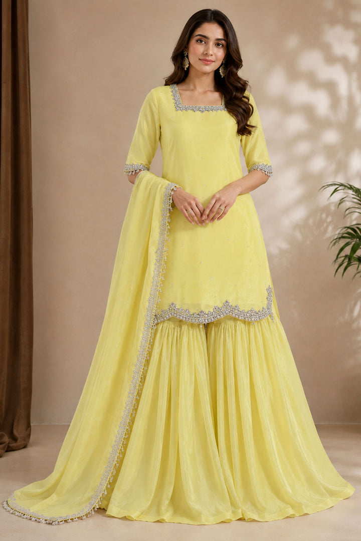 Lemon Yellow Embellished 3-Piece Sharara Suit