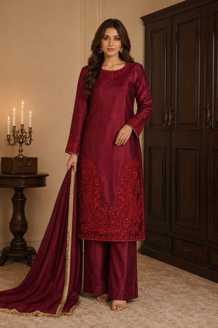 Deep Maroon Tonal Embroidered 3-Piece Suit