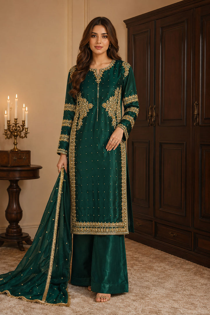 Emerald Green Gold Zardozi Embroidered 3-Piece Suit