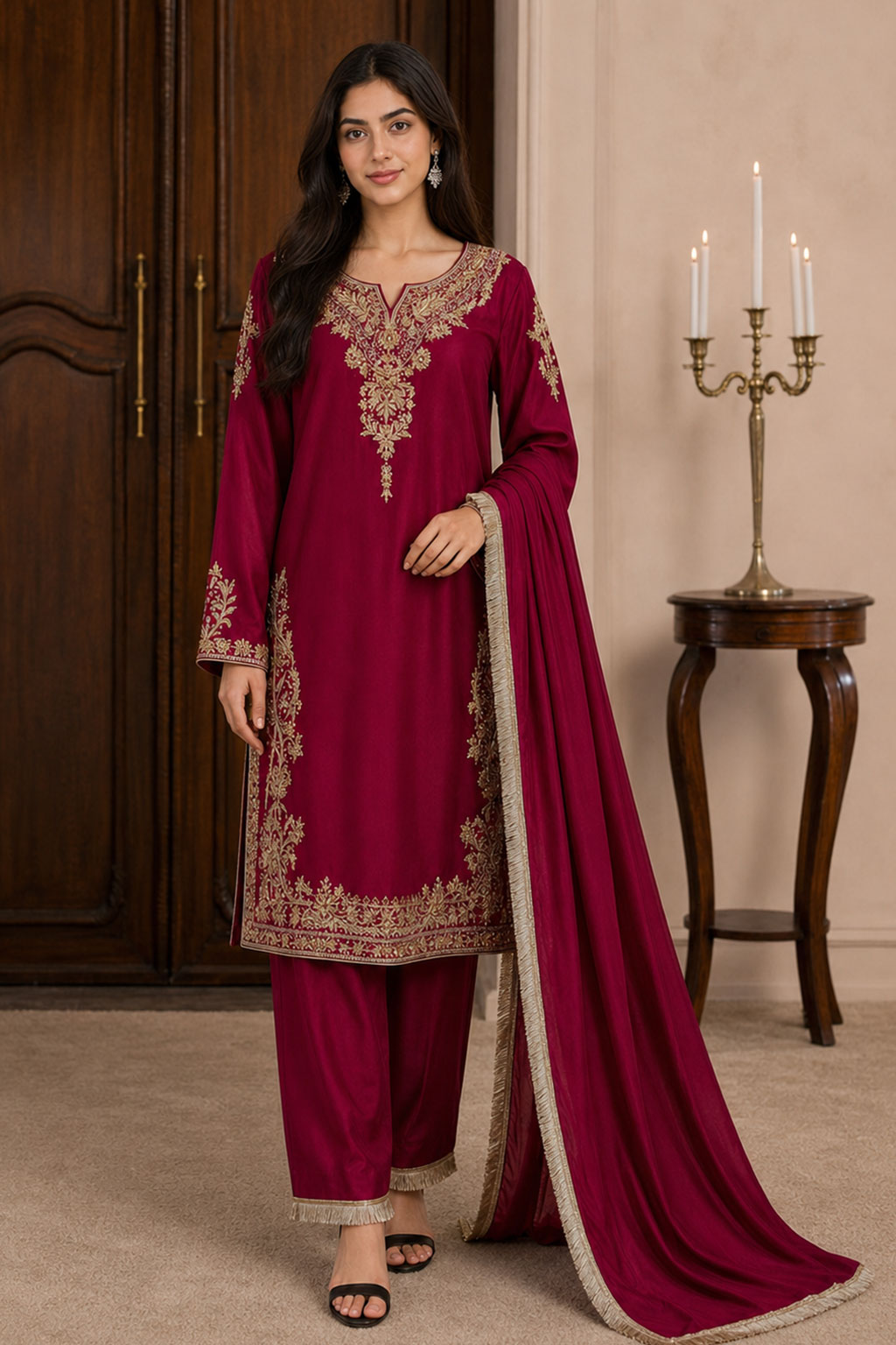 Crimson Gold Zardozi Embroidered 3-Piece Suit