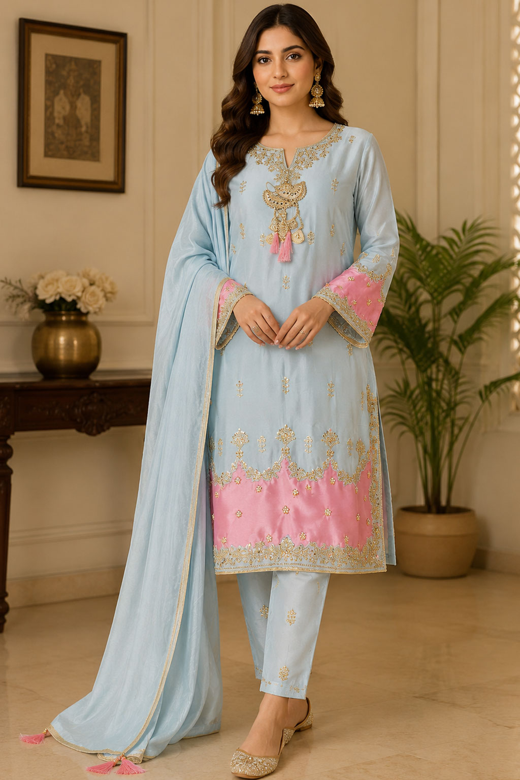 Powder Blue & Pink Gold Tassel Embroidered 3-Piece Suit