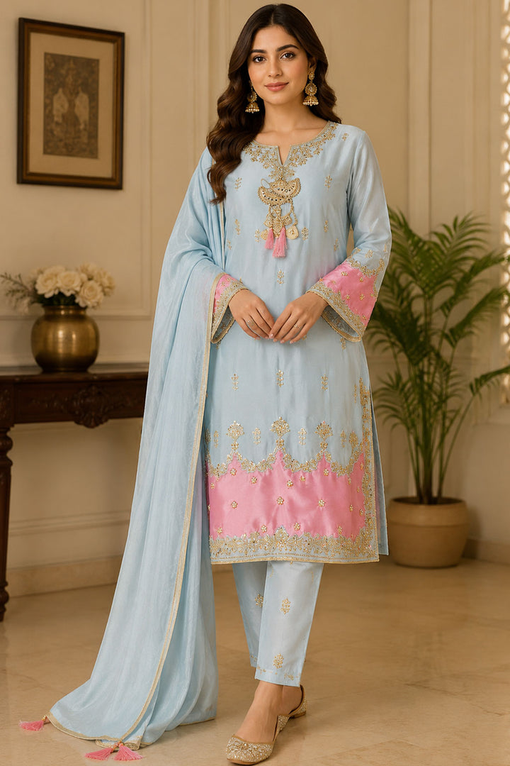 Powder Blue & Pink Gold Tassel Embroidered 3-Piece Suit