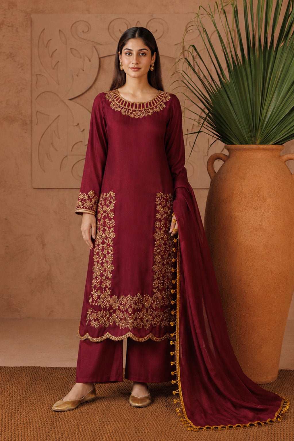 Maroon Gold Lattice Neckline Embroidered 3-Piece Suit