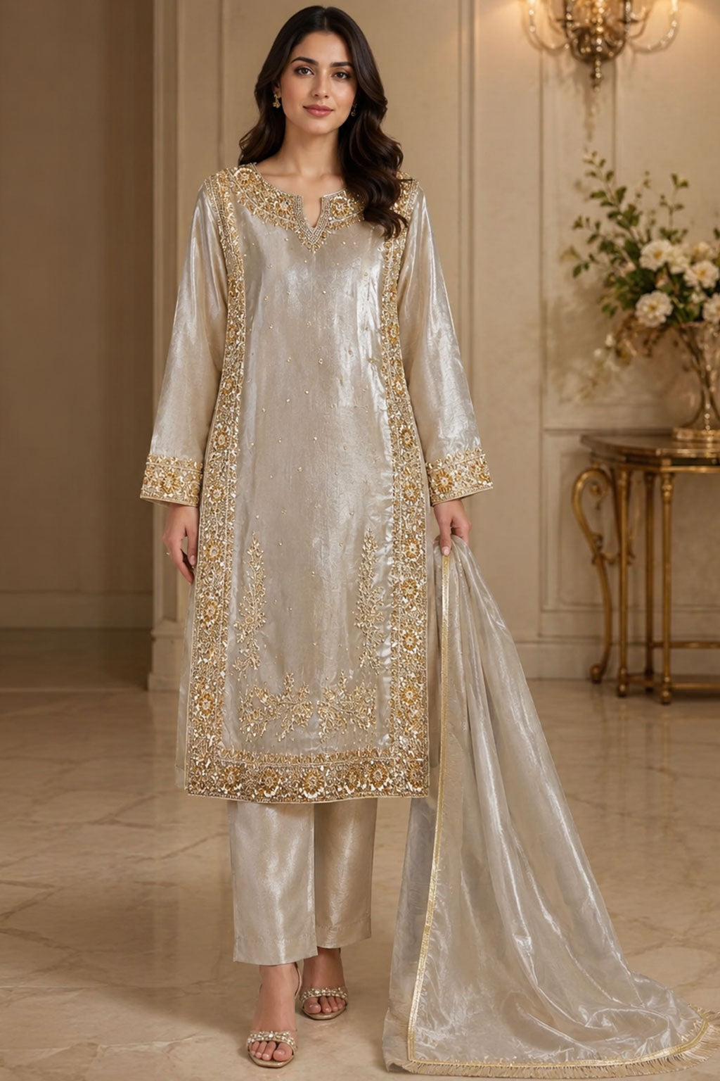 Silver Tissue Gold Zardozi Front Panel 3-Piece Suit