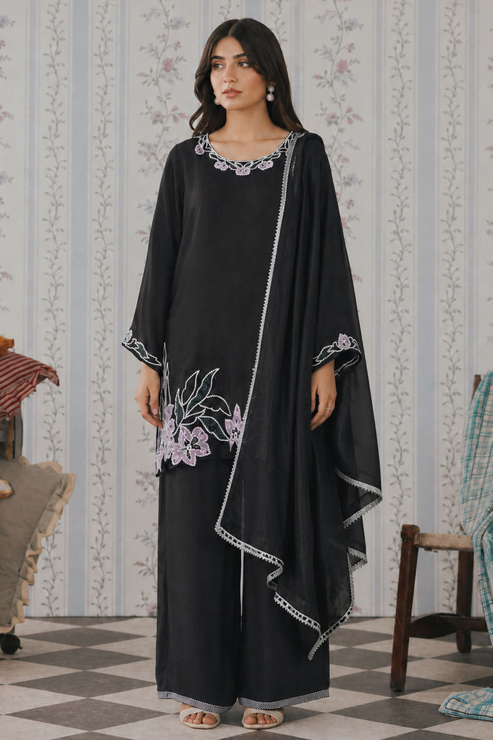Black Lilac Floral Embroidered Batwing 3-Piece Suit