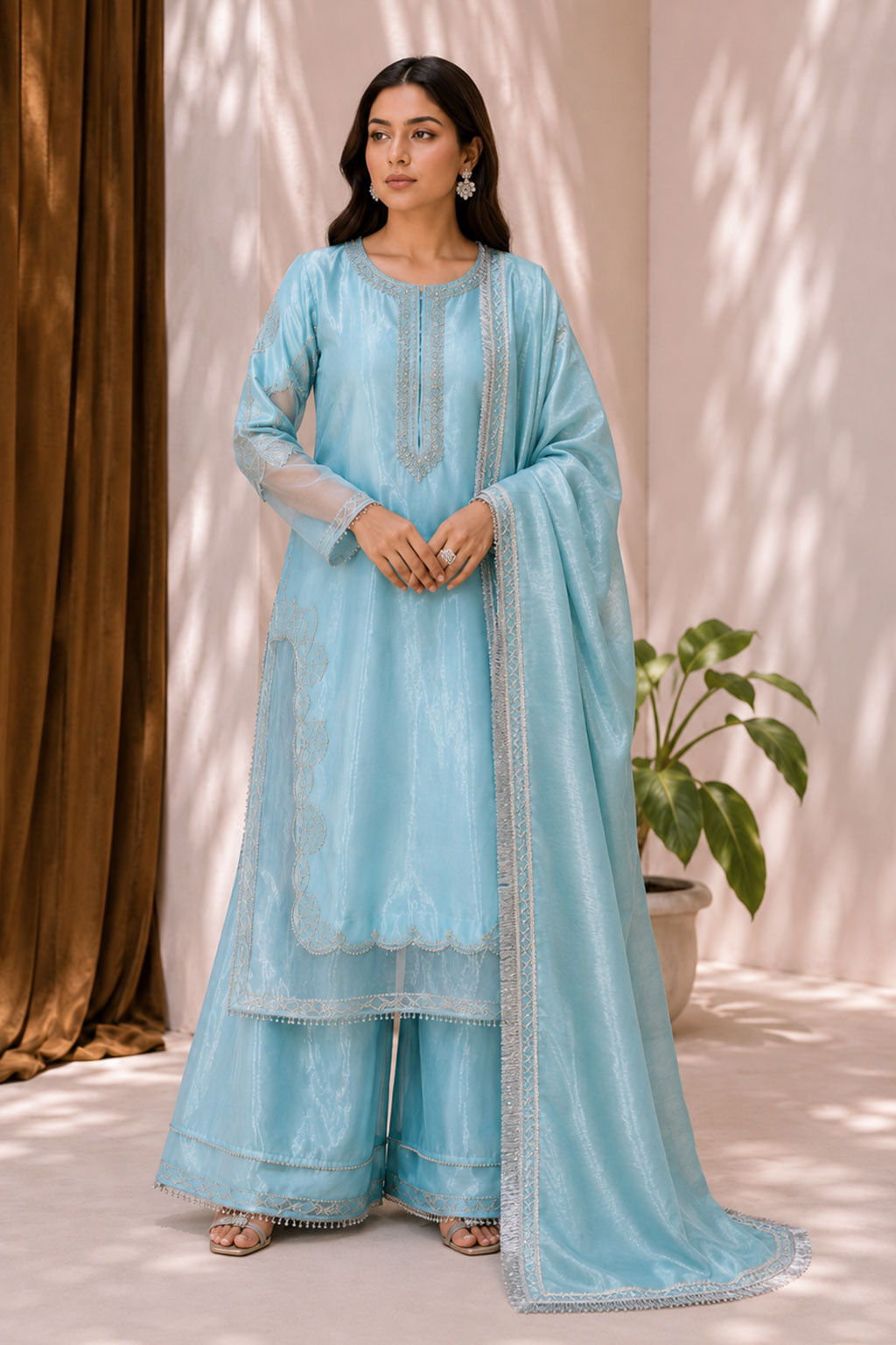 Sky Blue Embroidered 3-Piece Suit with Sharara