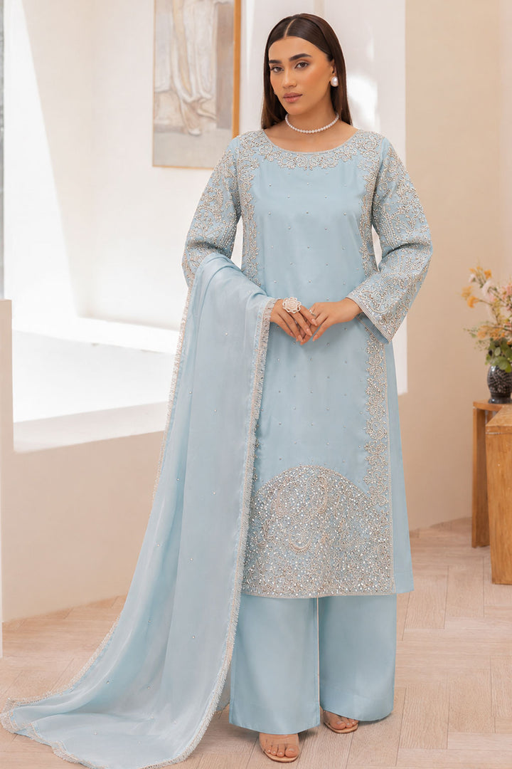 Ice Blue Silver Crystal & Pearl Embroidered 3-Piece Suit
