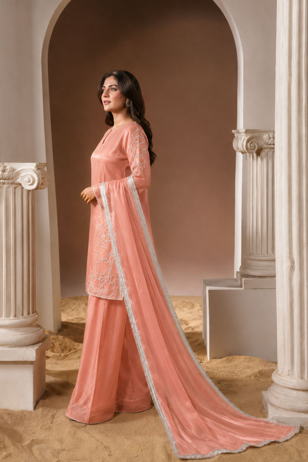 Peach Blossom Cutwork Silk 3-Piece Suit