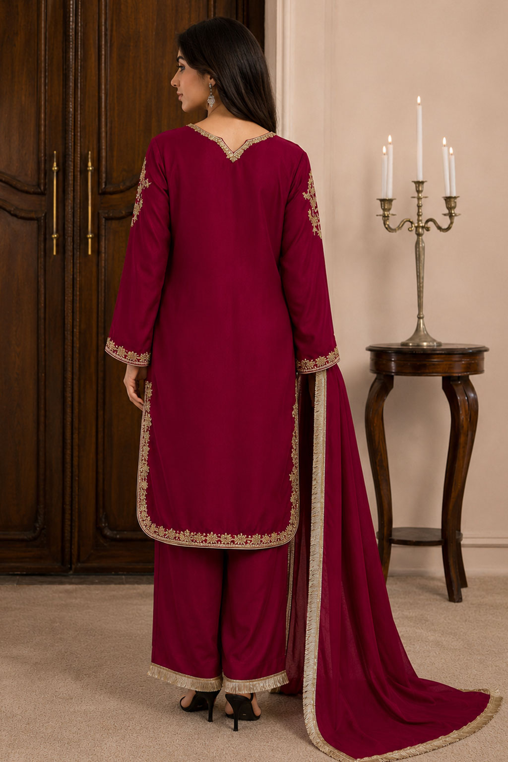 Crimson Gold Zardozi Embroidered 3-Piece Suit