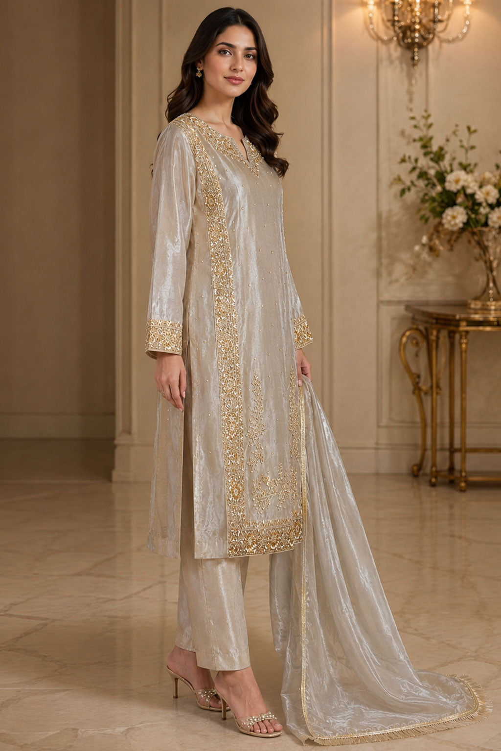 Silver Tissue Gold Zardozi Front Panel 3-Piece Suit