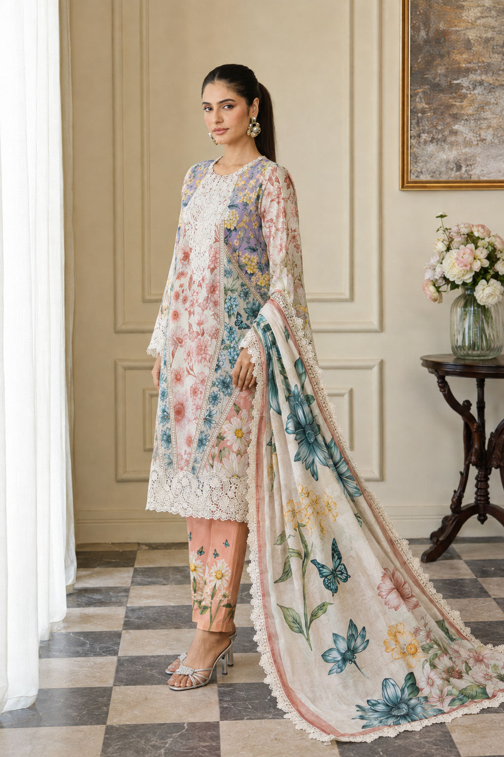 Ivory Botanical Floral Lawn 3-Piece Suit