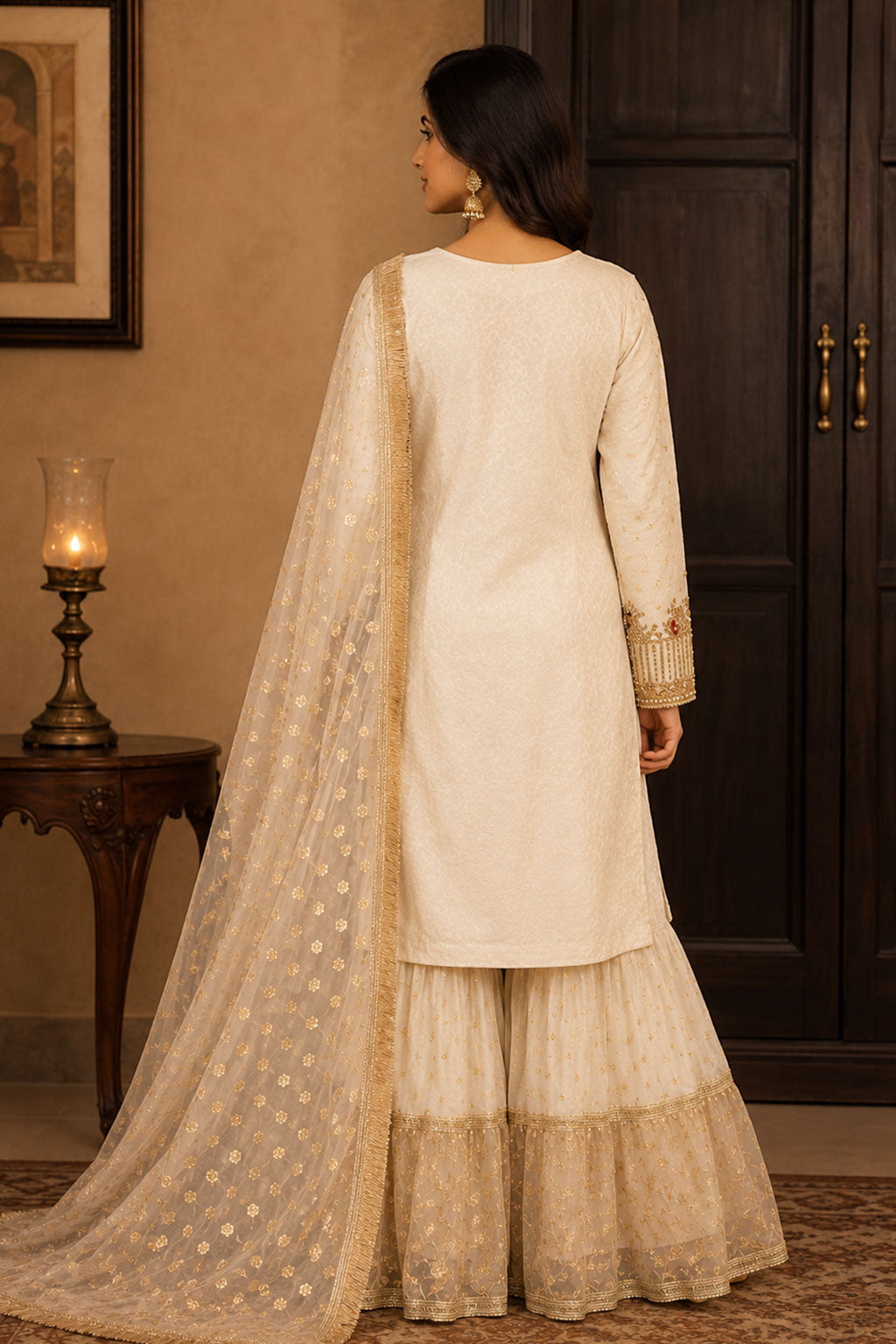 Ivory Gold Sequin Embroidered 3-Piece Sharara Suit