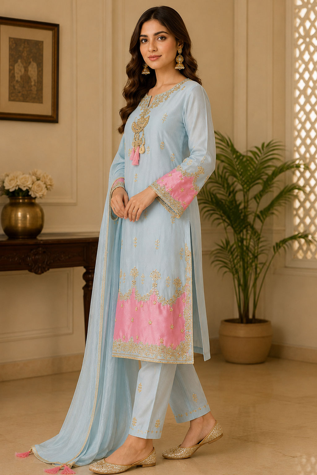 Powder Blue & Pink Gold Tassel Embroidered 3-Piece Suit