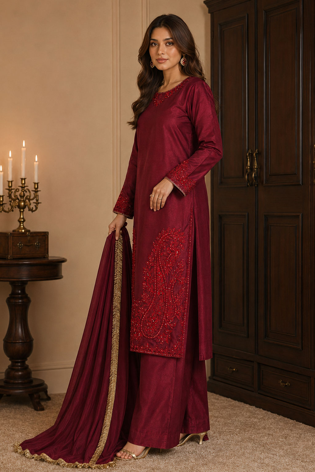 Deep Maroon Tonal Embroidered 3-Piece Suit