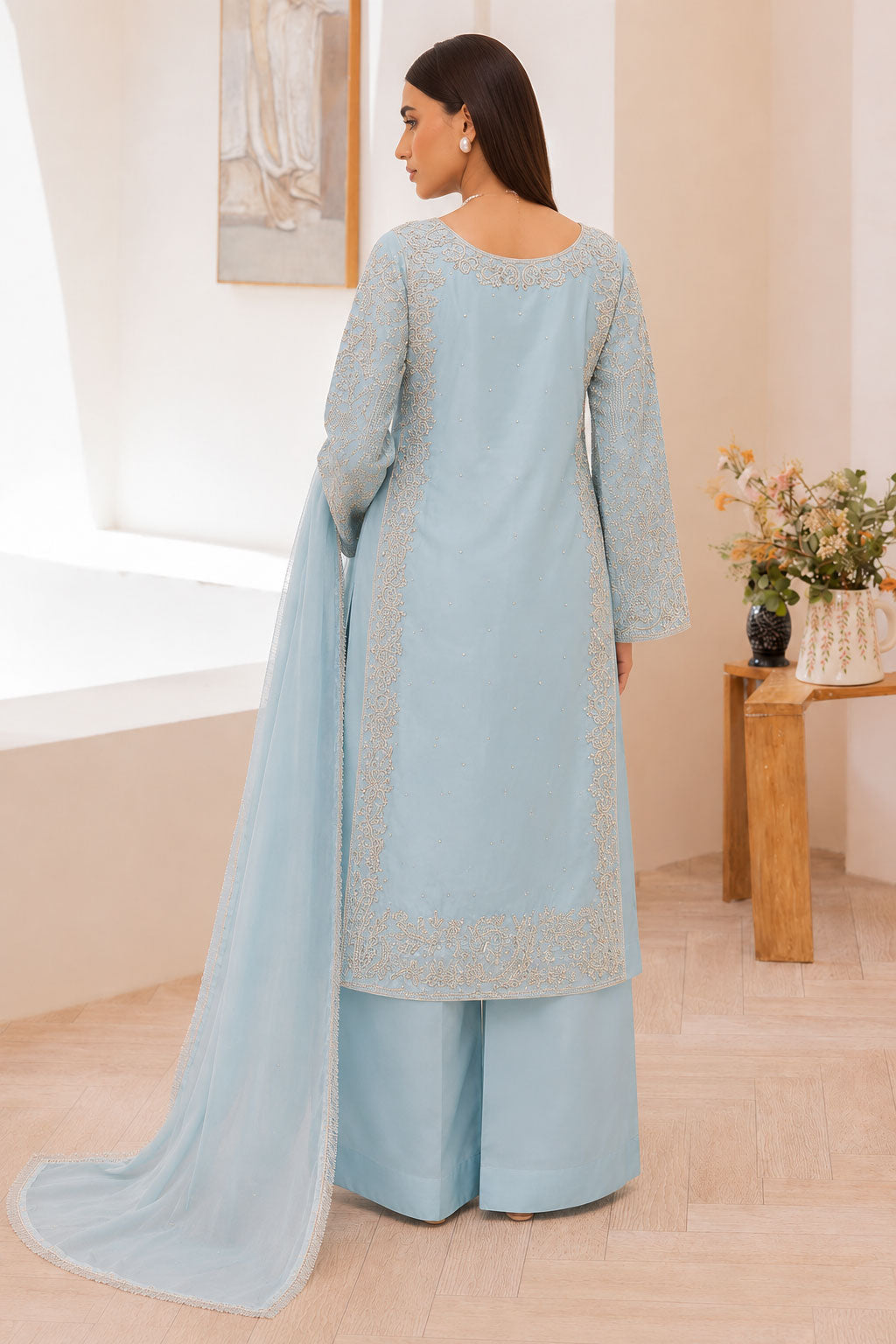 Ice Blue Silver Crystal & Pearl Embroidered 3-Piece Suit