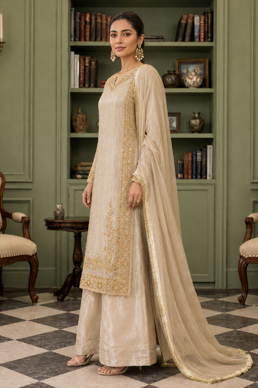 Champagne Gold Zardozi Silk 3-Piece Suit