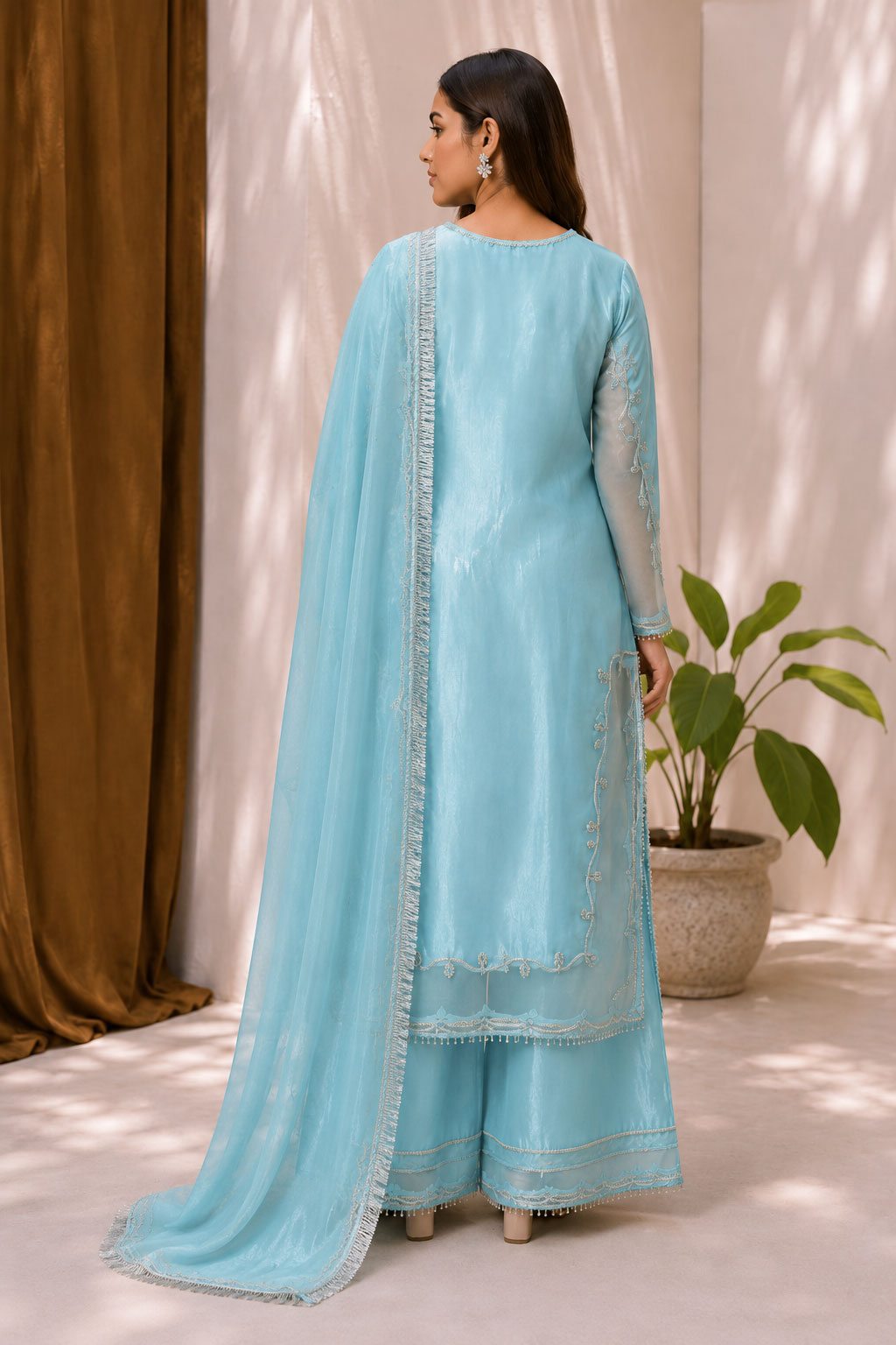 Sky Blue Embroidered 3-Piece Suit with Sharara
