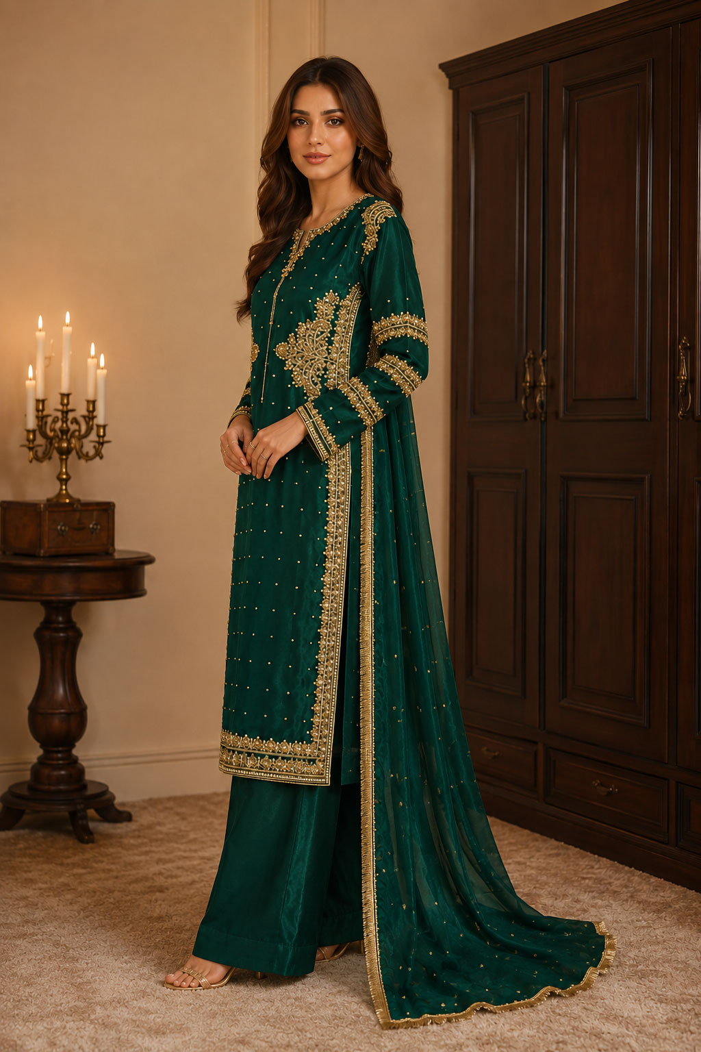 Emerald Green Gold Zardozi Embroidered 3-Piece Suit