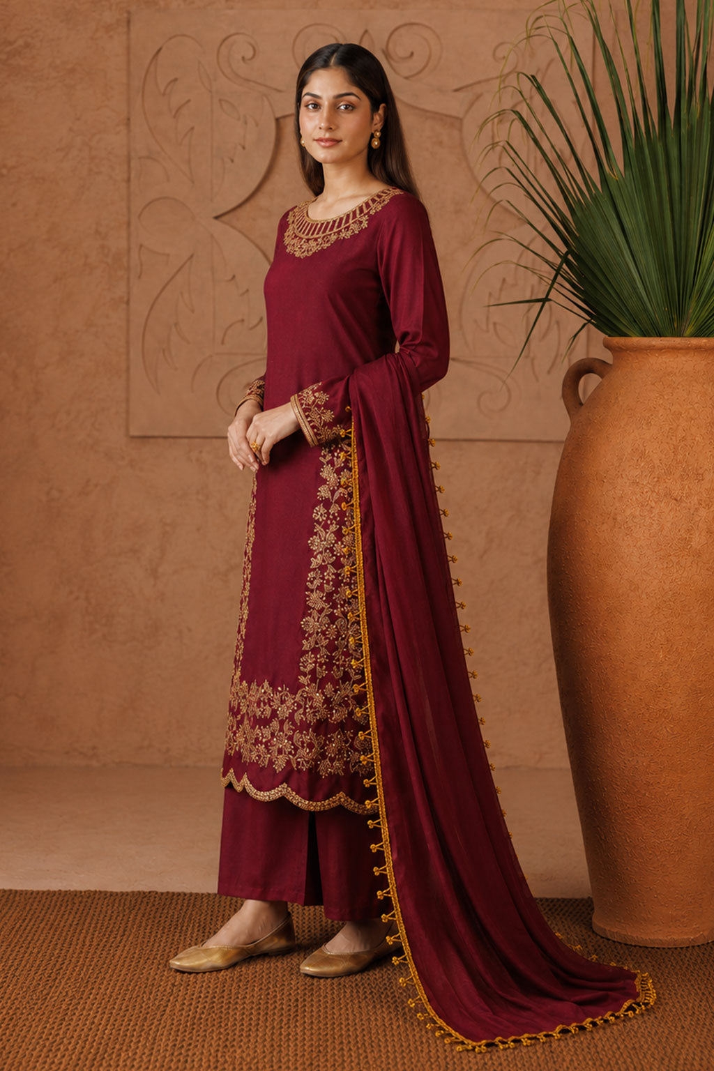 Maroon Gold Lattice Neckline Embroidered 3-Piece Suit