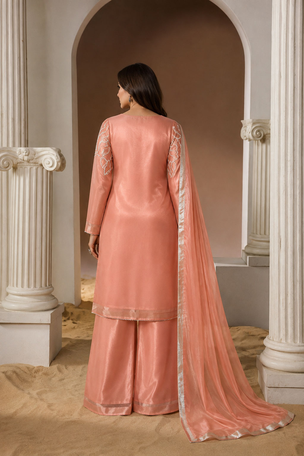 Peach Blossom Cutwork Silk 3-Piece Suit