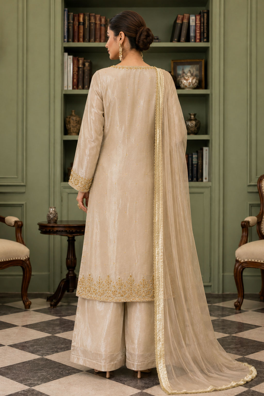 Champagne Gold Zardozi Silk 3-Piece Suit