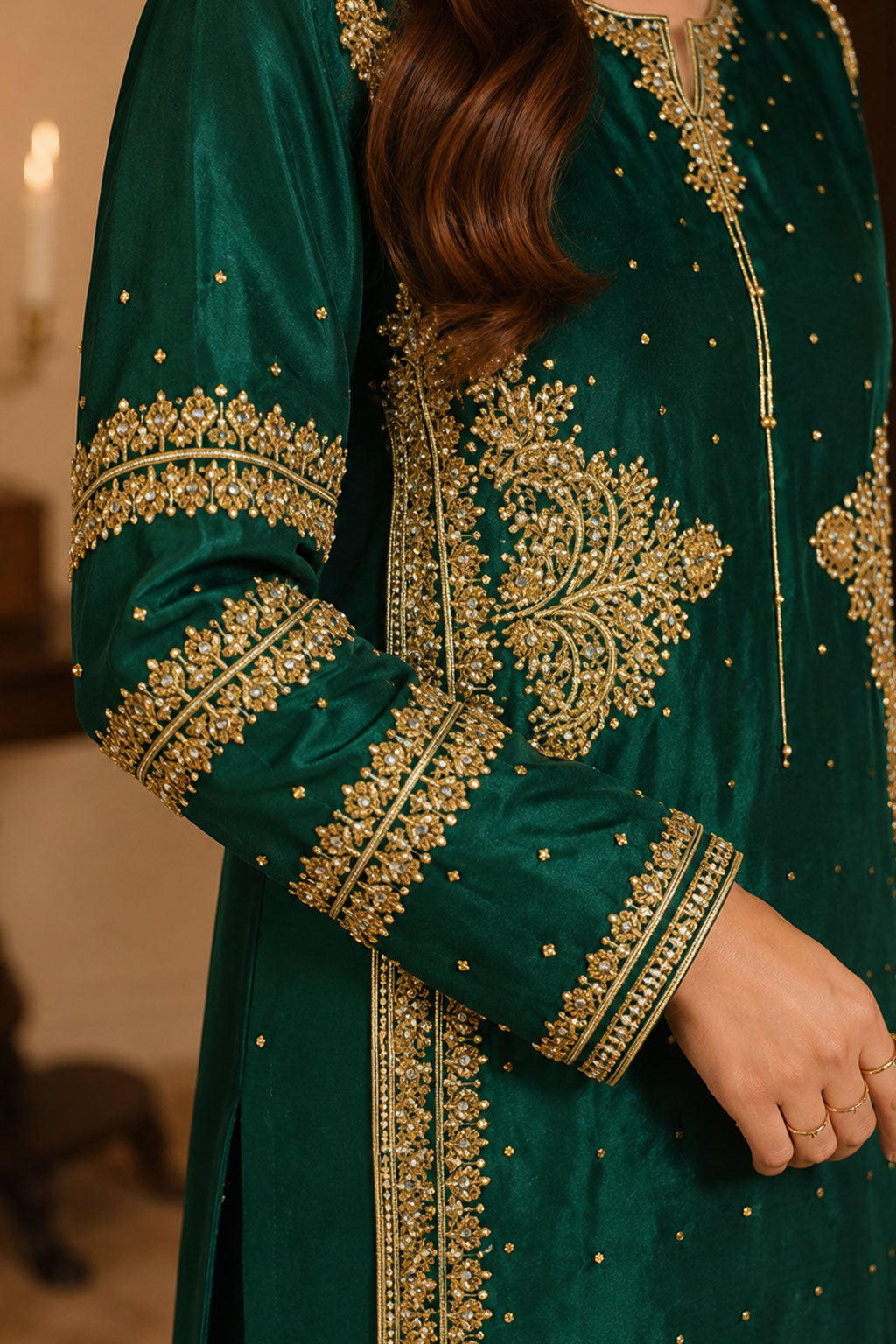 Emerald Green Gold Zardozi Embroidered 3-Piece Suit