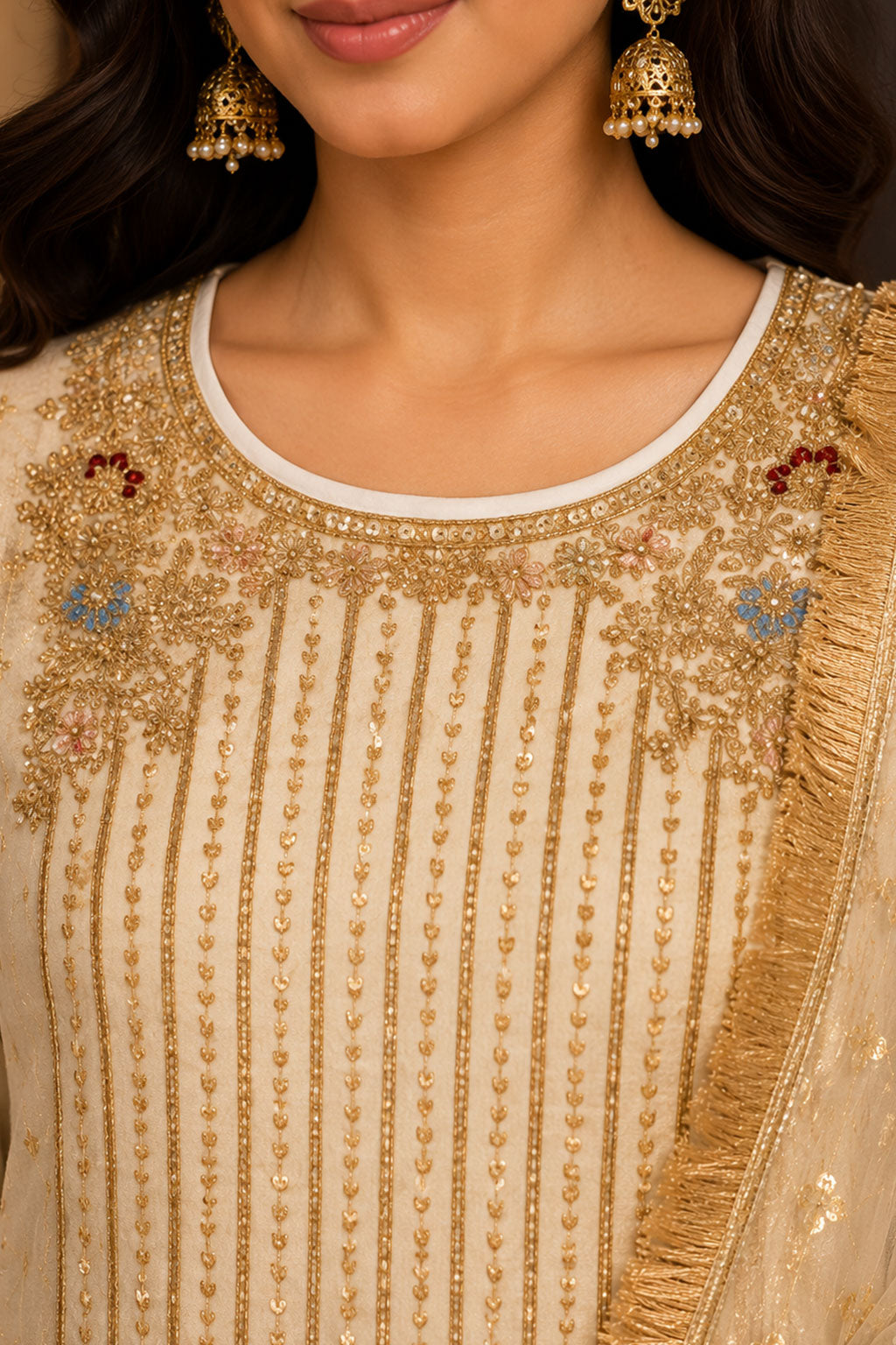 Ivory Gold Sequin Embroidered 3-Piece Sharara Suit