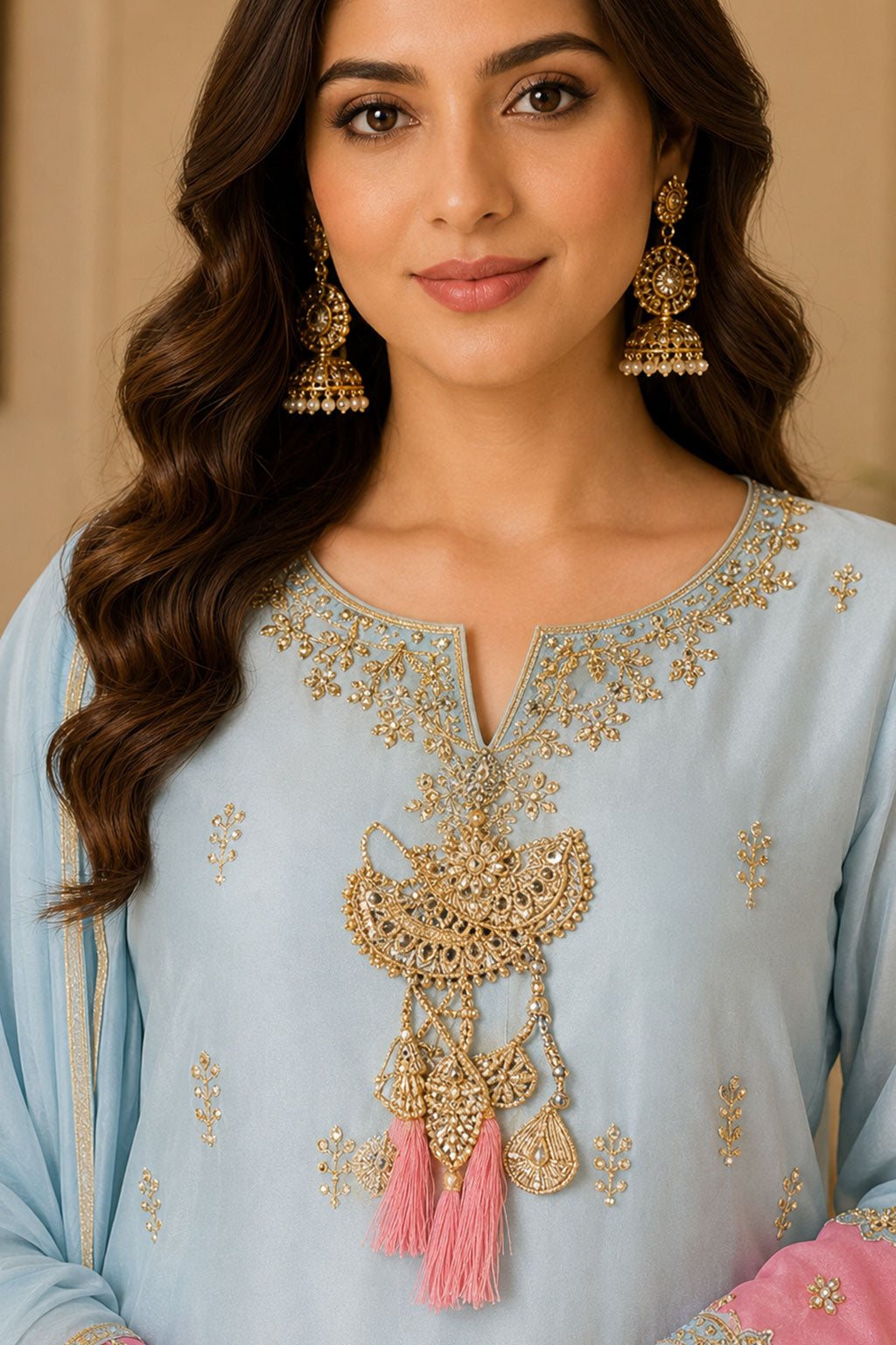 Powder Blue & Pink Gold Tassel Embroidered 3-Piece Suit