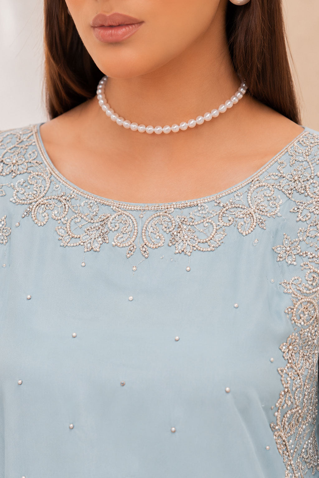 Ice Blue Silver Crystal & Pearl Embroidered 3-Piece Suit