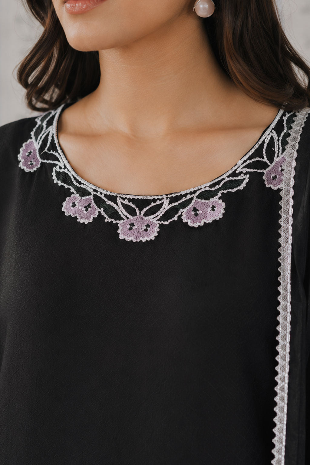 Black Lilac Floral Embroidered Batwing 3-Piece Suit