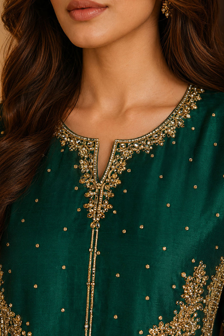 Emerald Green Gold Zardozi Embroidered 3-Piece Suit