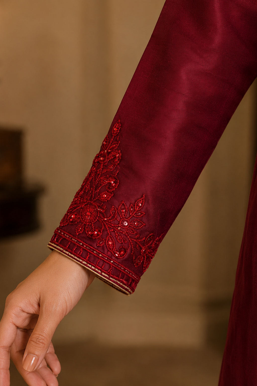 Deep Maroon Tonal Embroidered 3-Piece Suit