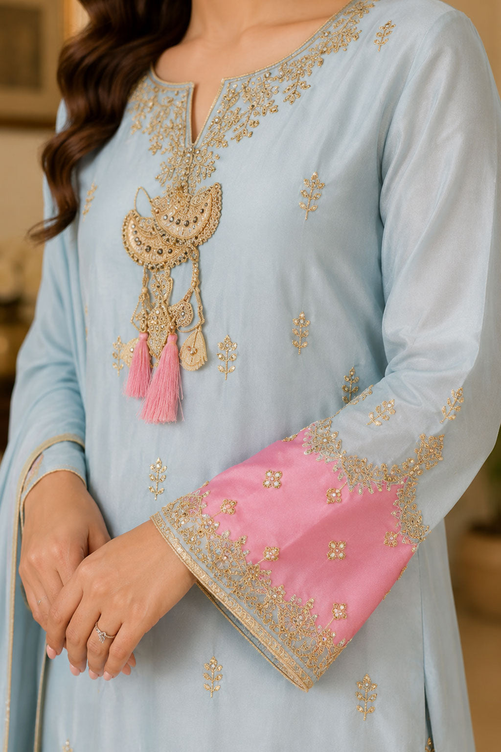 Powder Blue & Pink Gold Tassel Embroidered 3-Piece Suit