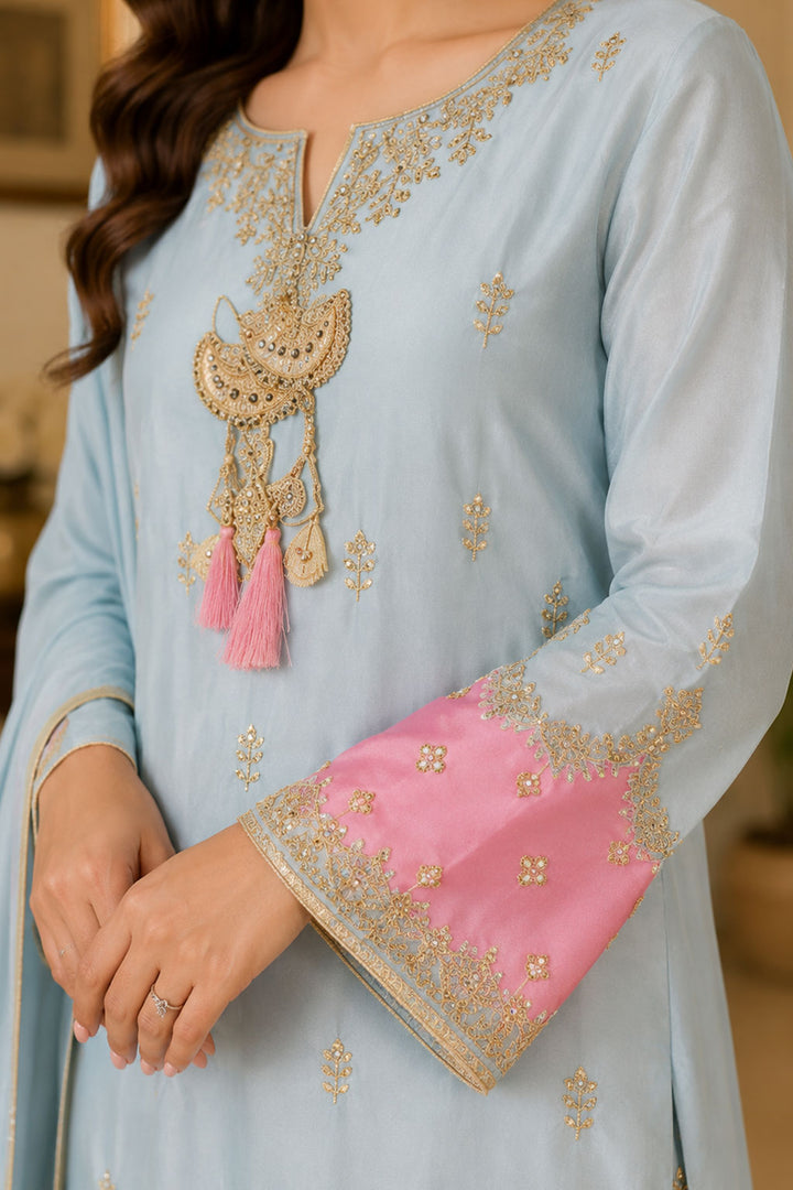 Powder Blue & Pink Gold Tassel Embroidered 3-Piece Suit