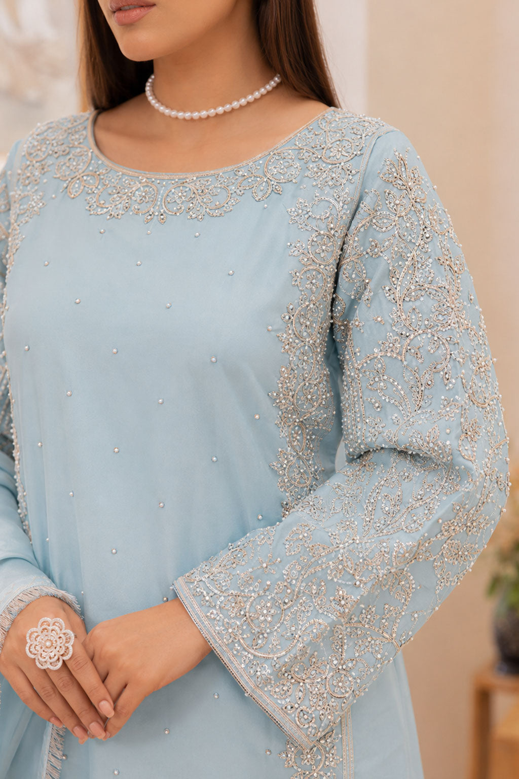 Ice Blue Silver Crystal & Pearl Embroidered 3-Piece Suit