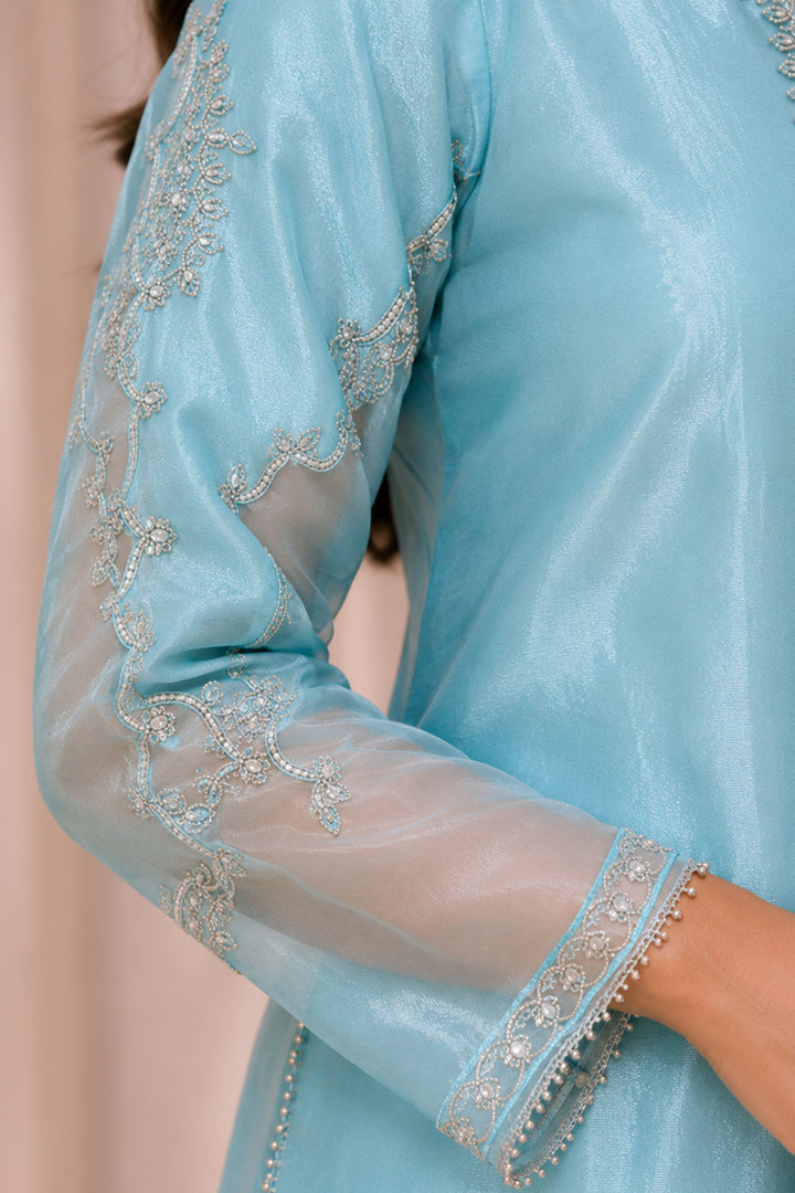 Sky Blue Embroidered 3-Piece Suit with Sharara
