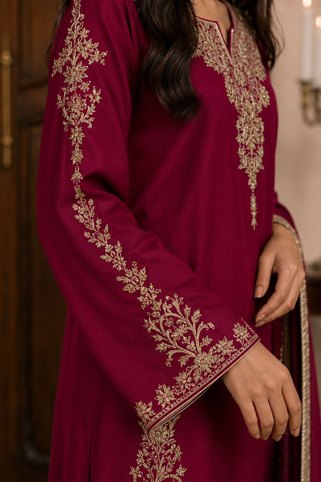 Crimson Gold Zardozi Embroidered 3-Piece Suit