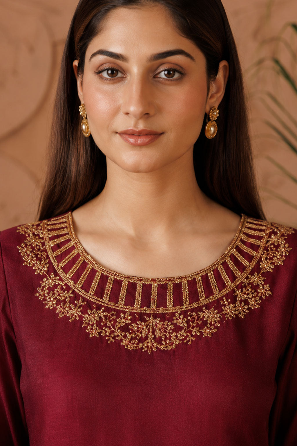 Maroon Gold Lattice Neckline Embroidered 3-Piece Suit