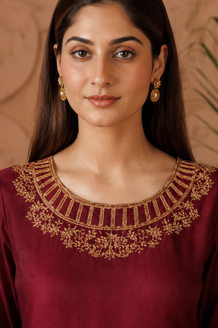 Maroon Gold Lattice Neckline Embroidered 3-Piece Suit