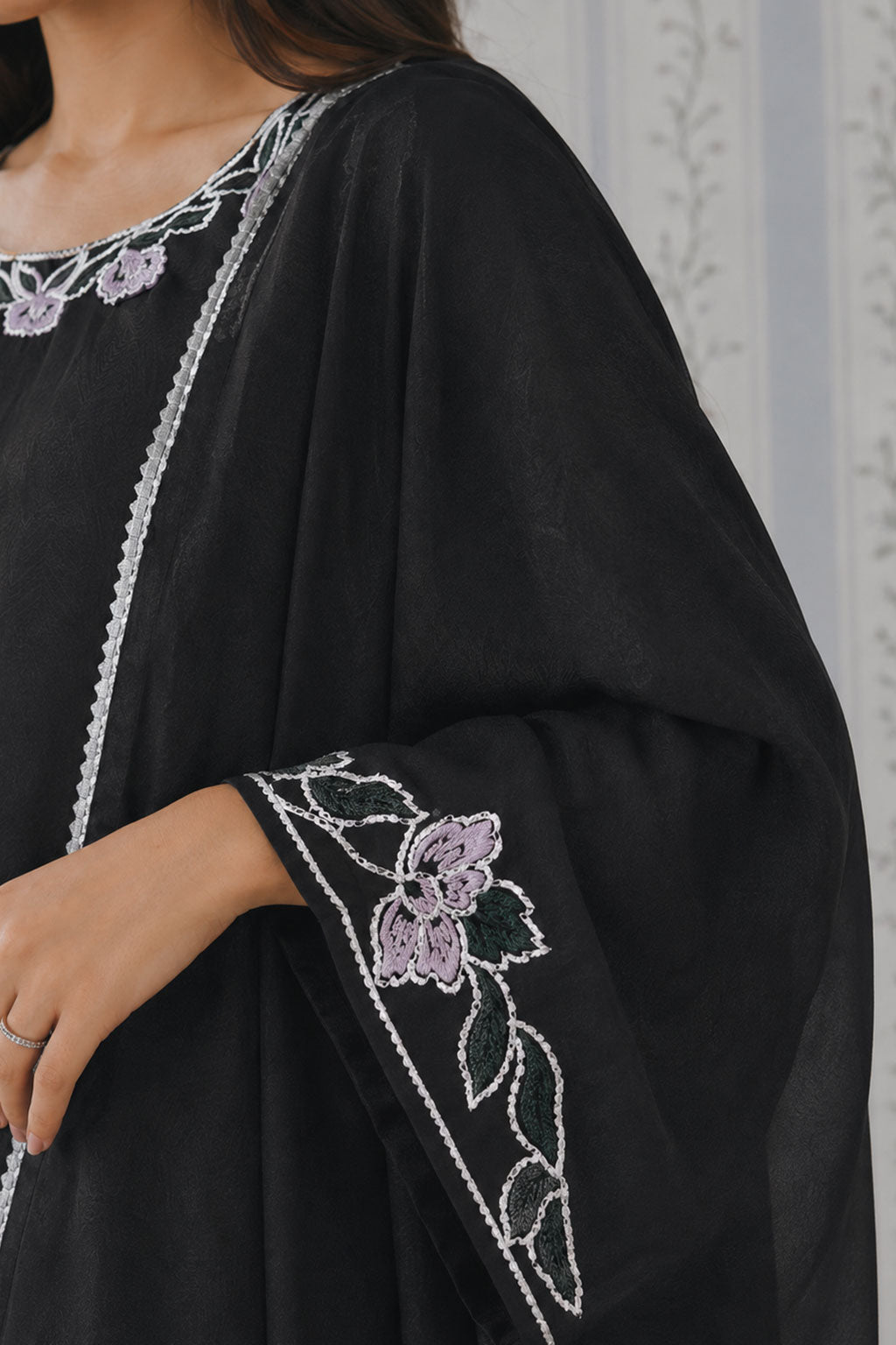 Black Lilac Floral Embroidered Batwing 3-Piece Suit