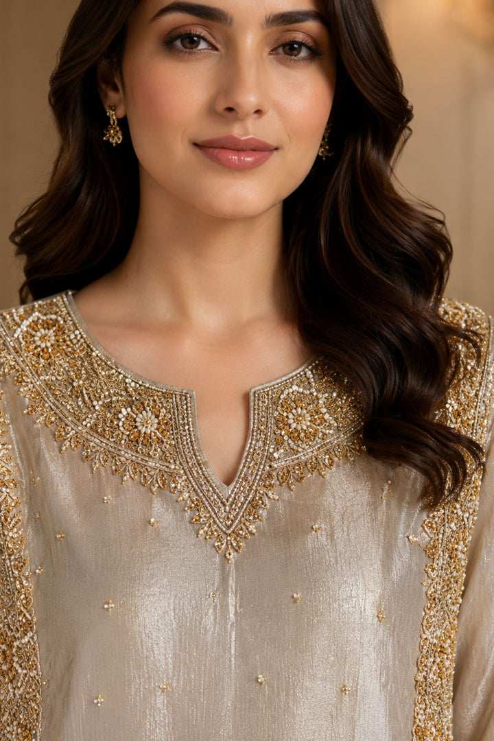 Silver Tissue Gold Zardozi Front Panel 3-Piece Suit